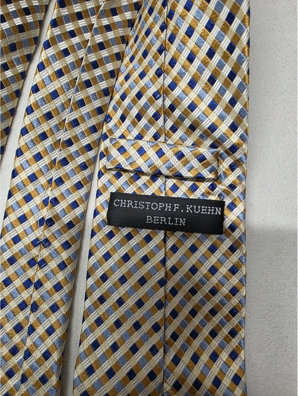 Christoph F. Kuehn Berlin - Gold/blue check - silk handmade tie